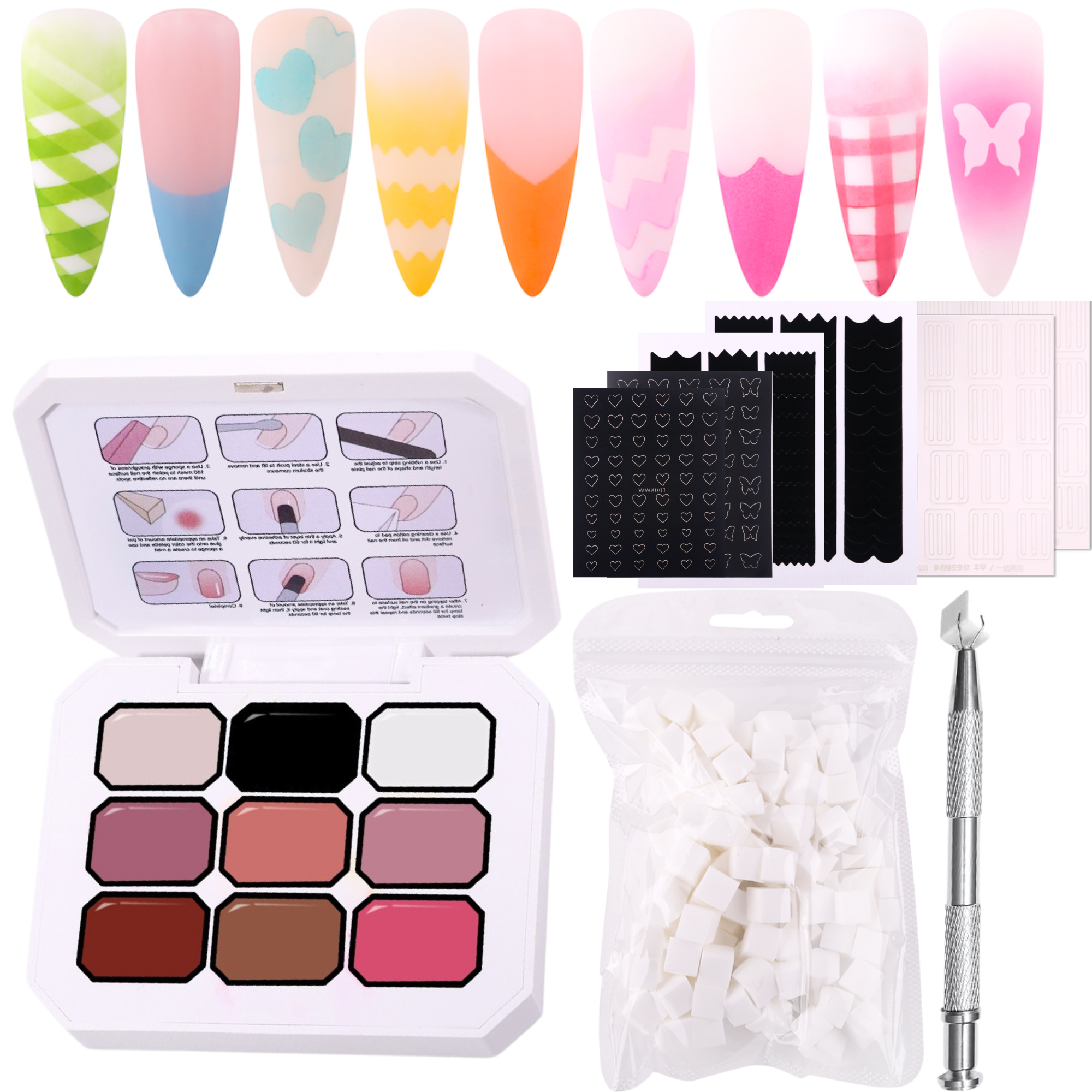 Gradient Ombre Nail Polish Kit, 9 Colors, 100 Sponges, French Manicure Tool Set with Stickers (Autumn Kiss Ombre Set #2)