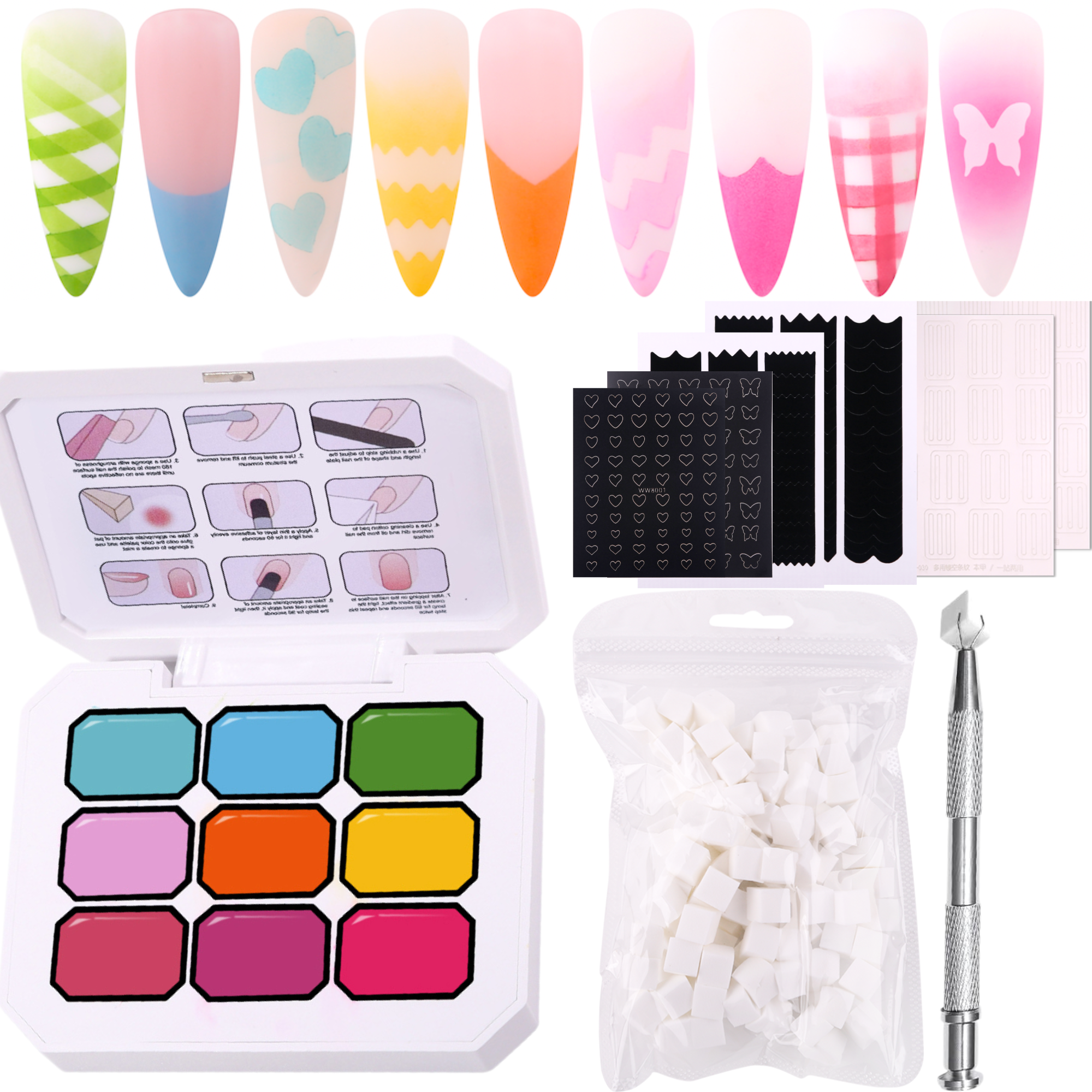 Gradient Ombre Nail Polish Kit, 9 Colors, 100 Sponges, French Manicure Tool Set with Stickers (Autumn Kiss Ombre Set #11)