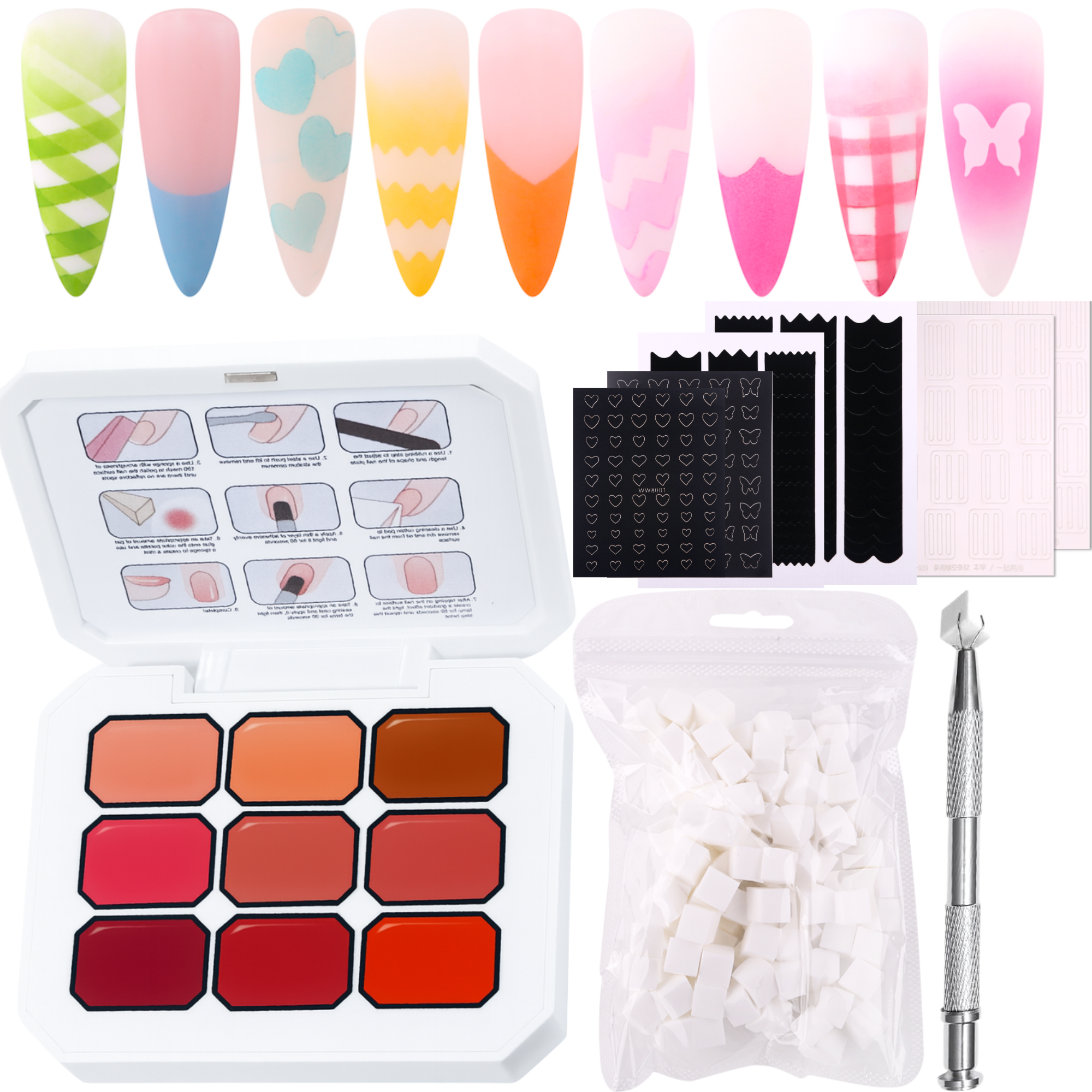 Gradient Ombre Nail Polish Kit, 9 Colors, 100 Sponges, French Manicure Tool Set with Stickers (Autumn Kiss Ombre Set #13)