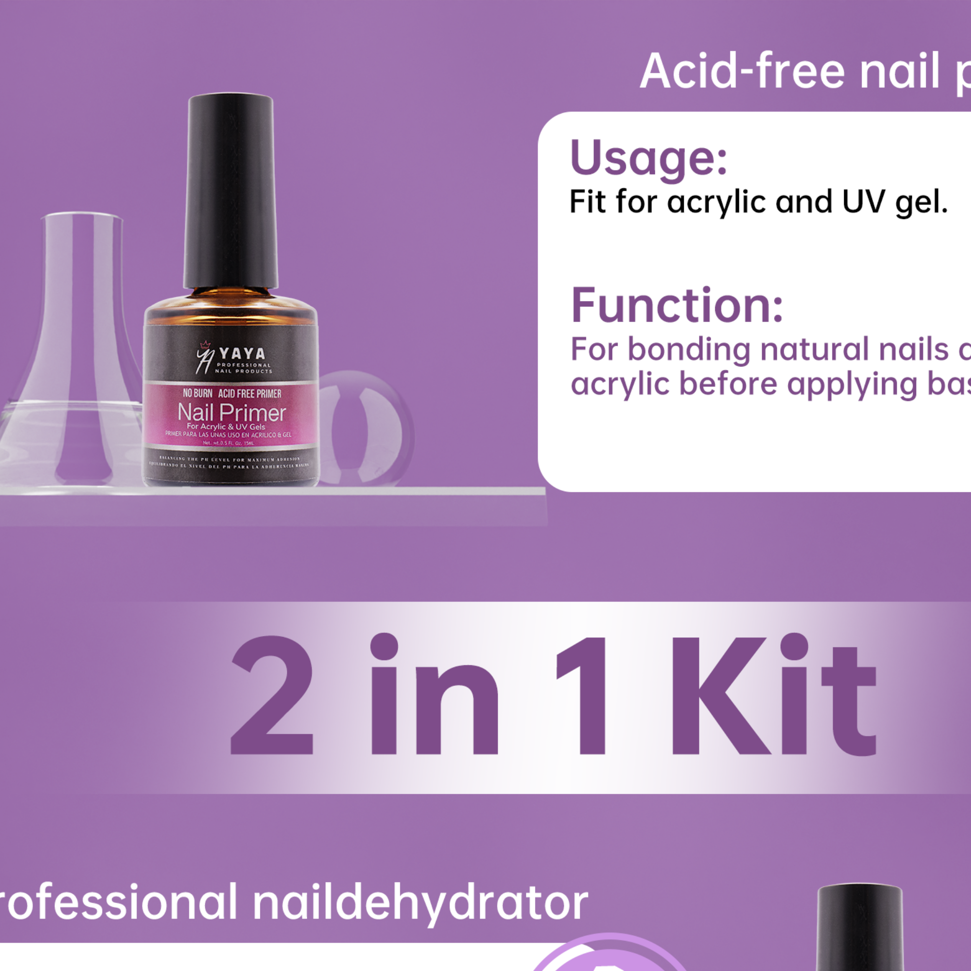 Dehydrator and Primer, Acid Free Natural Nail Prep Kit, Acrylic Nail Supplies Bond Primer Set
