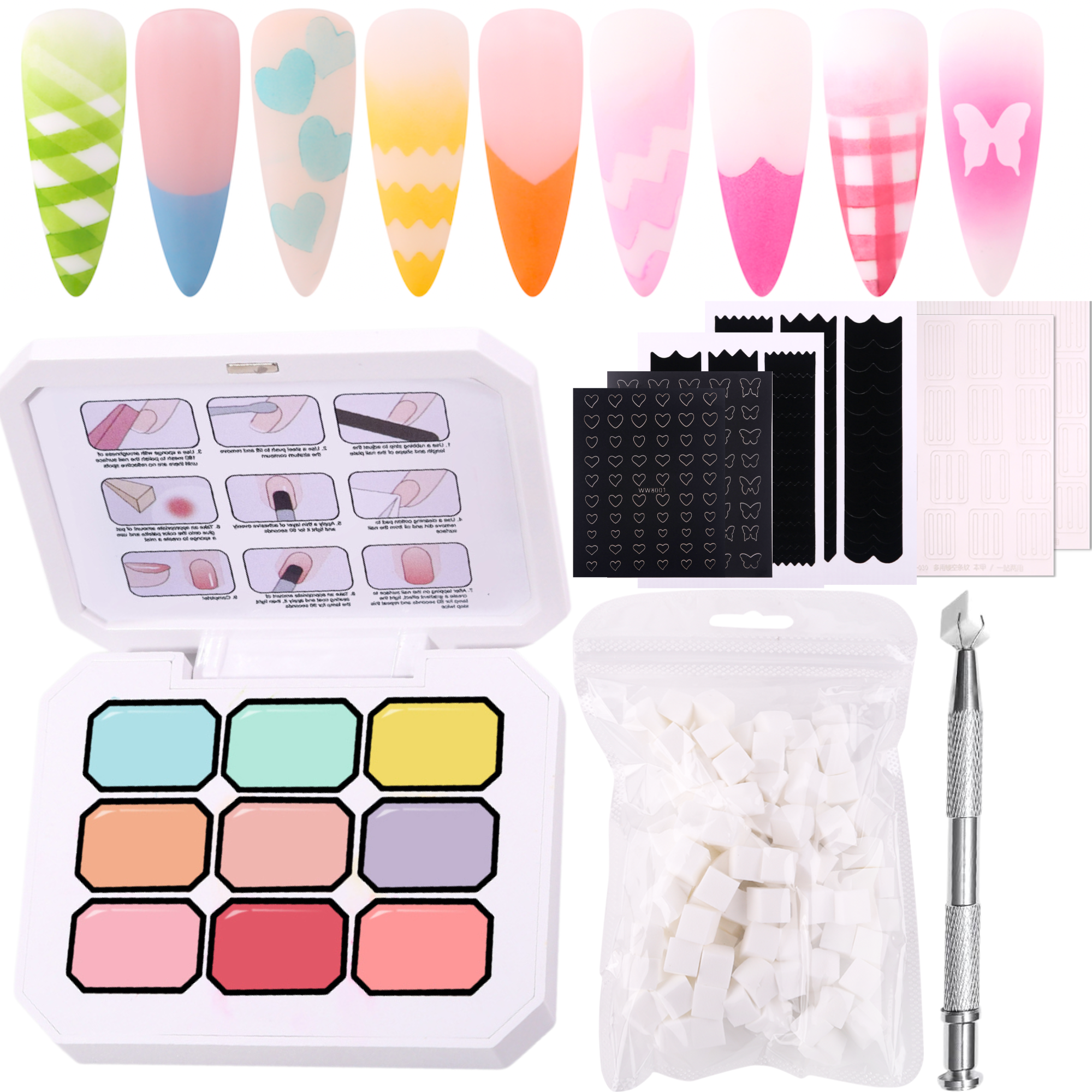 Gradient Ombre Nail Polish Kit, 9 Colors, 100 Sponges, French Manicure Tool Set with Stickers (Autumn Kiss Ombre Set #16)