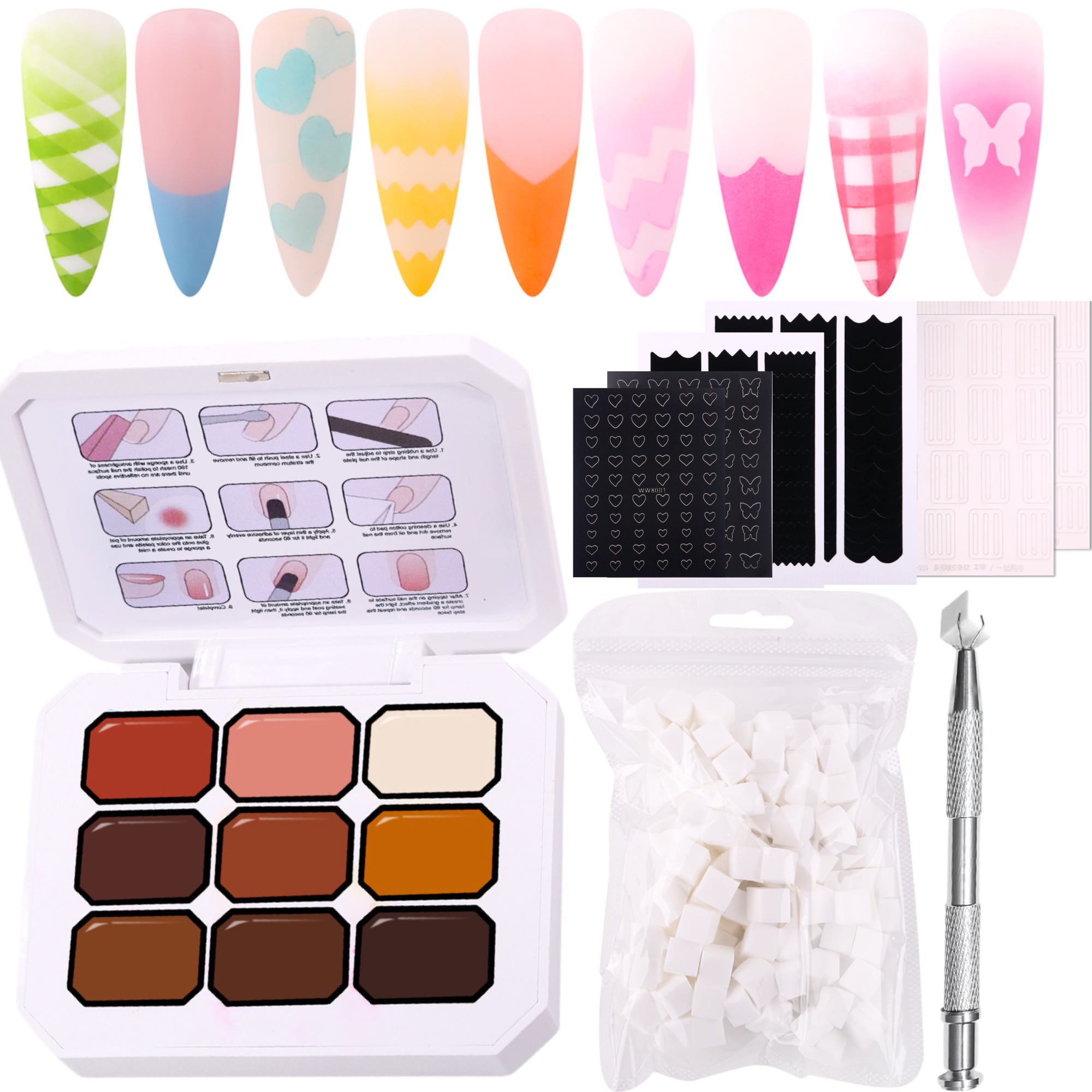 Gradient Ombre Nail Polish Kit, 9 Colors, 100 Sponges, French Manicure Tool Set with Stickers (Autumn Kiss Ombre Set #18)