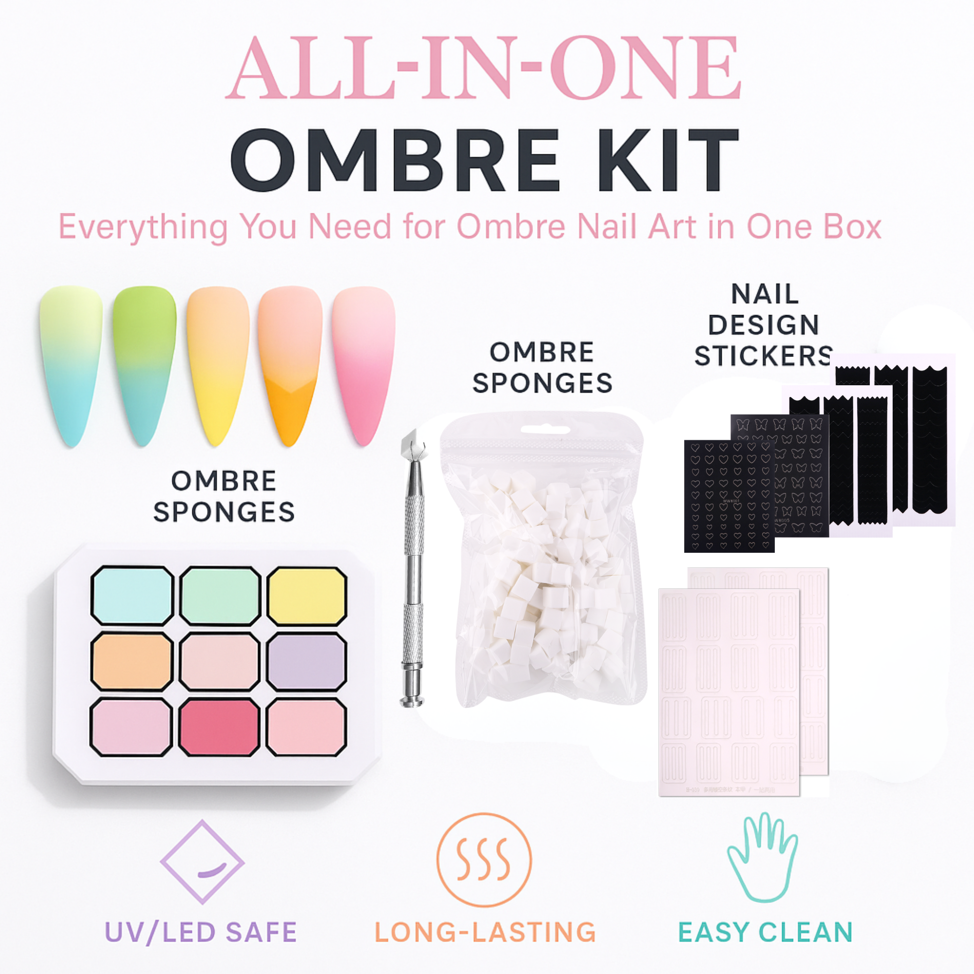 Gradient Ombre Nail Polish Kit, 9 Colors, 100 Sponges, French Manicure Tool Set with Stickers (Autumn Kiss Ombre Set #16)